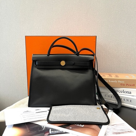 Hermes愛馬仕herbag31黑金防水布手提包肩背包斜挎包