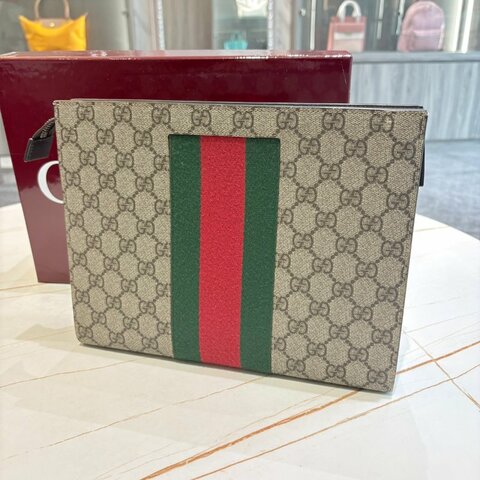 *SHIHNA名牌精品* Gucci GG Supreme 帆布織帶手拿包