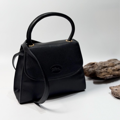Longchamp vintage 日本二手 中古復古古董 黑色皮革 logo壓紋 翻蓋包肩背包側背包手提包