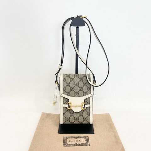 Gucci/古馳老花白色配皮1955豎版手機包單肩斜挎包