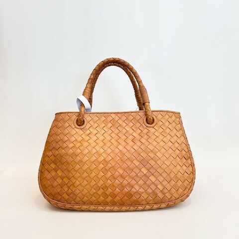 Bottega Veneta/葆蝶家全皮編織杏色手提包