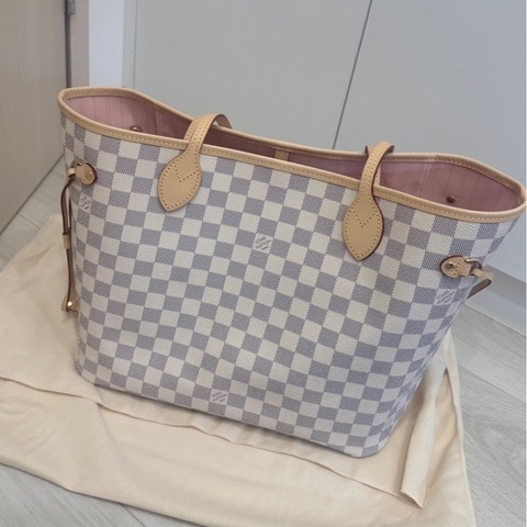 LV 路易威登 新款 Neverfull MM 托特包/白棋盤格紋包/粉色內部/中號/全新閒置美品