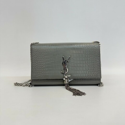 Saint laurent/聖羅蘭流蘇kate灰銀亮面鱷魚壓紋24cm