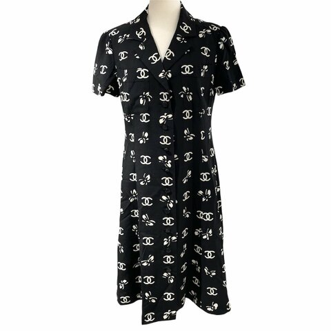 CHANEL 香奈兒 蝴蝶花紋長洋裝 絲綢混紡 黑色