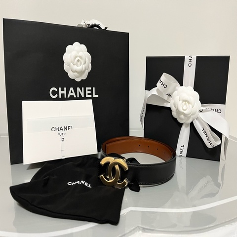 CHANEL 香奈兒《全新全配》26A 雙面 CC Logo 皮帶｜黑色×焦糖棕｜雙面牛皮｜93cm｜專櫃正品