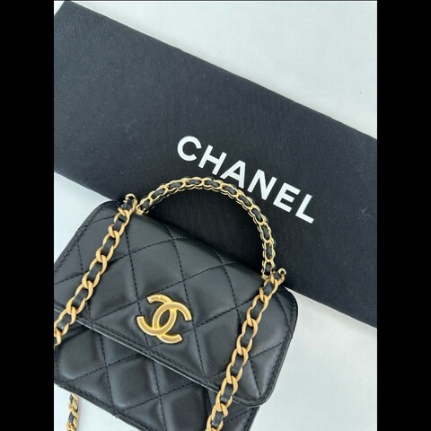 Chanel香奈兒mini Kelly 22K 黑金手柄 菱格紋皮穿鏈手提單肩斜挎包 風琴包 98新✨️