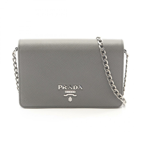 PRADA SAFFIANO LUX 鏈條單肩斜背包 1BP006 皮革 灰色 二手 女士