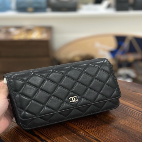 二手正品香奈兒Chanel woc黑銀羊皮經典發財包
