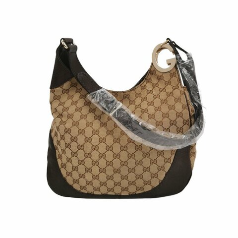 Gucci 棕色牛皮帆布雙G老花斜背包單肩包