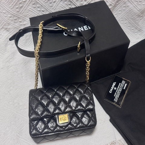 9新 Chanel 2.55經典菱格紋黑金腰包 胸包
