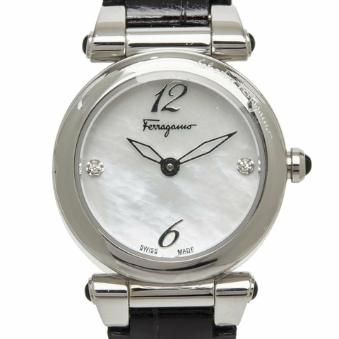 Salvatore Ferragamo Idilio 2P 鑽石白色錶殼腕錶 F79 石英錶盤不鏽鋼皮革女錶