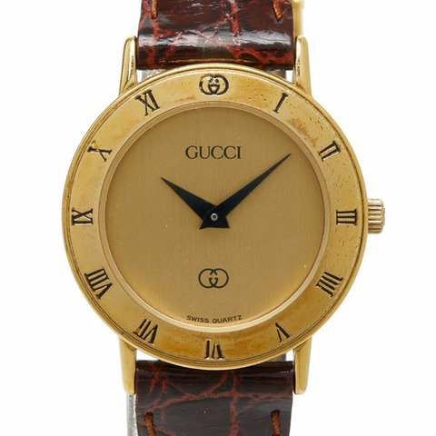 Gucci 3000 石英錶，金色錶盤，鍍金皮錶帶，女士腕錶