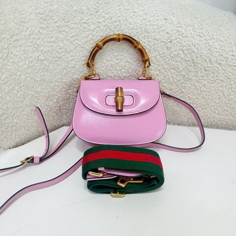 Gucci/古馳 粉色Bamboo mini1947竹節包 手提包 單肩包