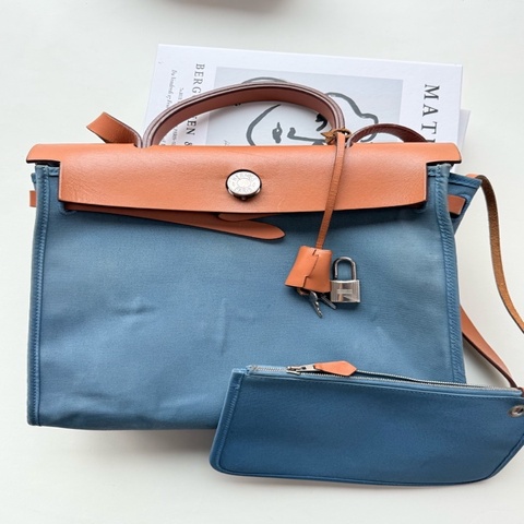 Hermes herbag31 橙藍拼色 牛皮拼帆布
