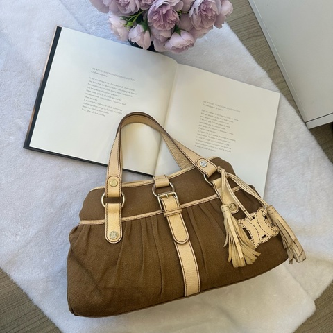 【赫蒂國際精品】Celine Boogie 棕色帆布米色皮革手提包 vintage