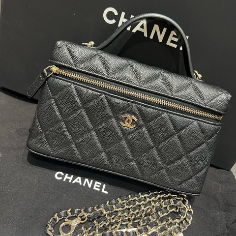 CHANEL香奈兒 26s 黑金 金扣荔枝紋牛皮LP飯盒包手提包斜背包