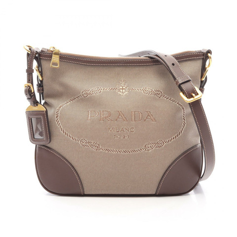 PRADA Logo提花肩挎包帆布皮革米色棕色二手女款