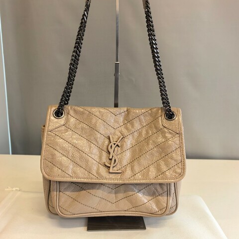 YSL Niki 奶茶色 復古皺褶中號鏈條包