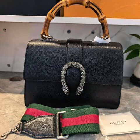 Gucci古馳黑色酒神鑽扣竹節手提單肩斜挎包