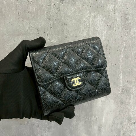 Chanel 三摺短夾 黑金荔枝牛
