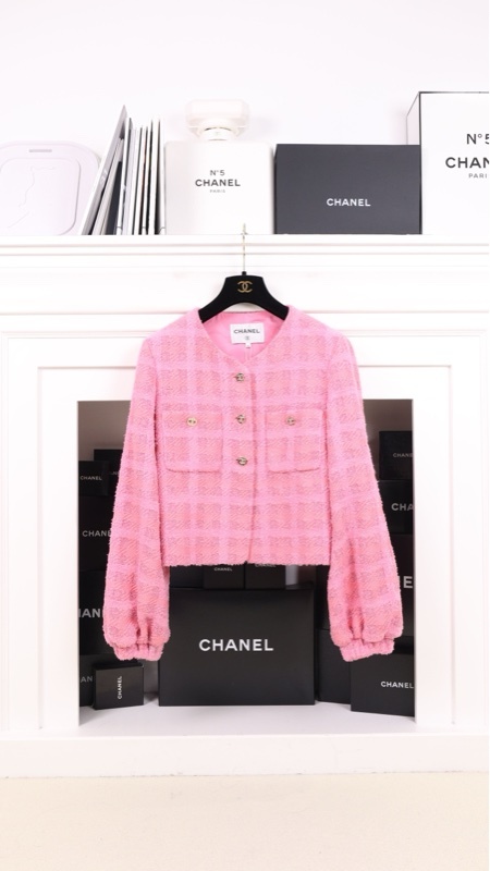 Chanel 24P粉色格纹斜纹软呢灯笼袖两口袋外套周迅同款