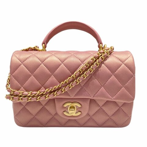 CHANEL 香奈兒 21S CF20 RECTANGULAR FLAP BAG WITH TOP HANDLE MINI 珠光粉色迷你翻蓋包 羊皮 粉色 金釦