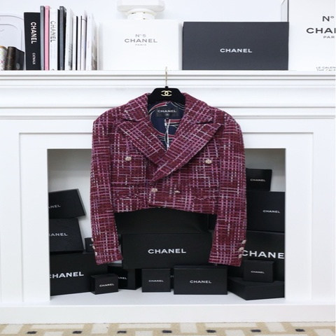 Chanel23s树莓紫色斜纹软呢crop短外套