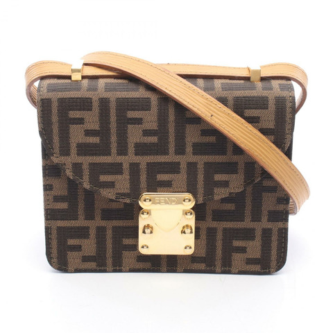 FENDI Zucca 單肩斜背包，帆布皮革，棕色/黑色，金色五金，二手女款