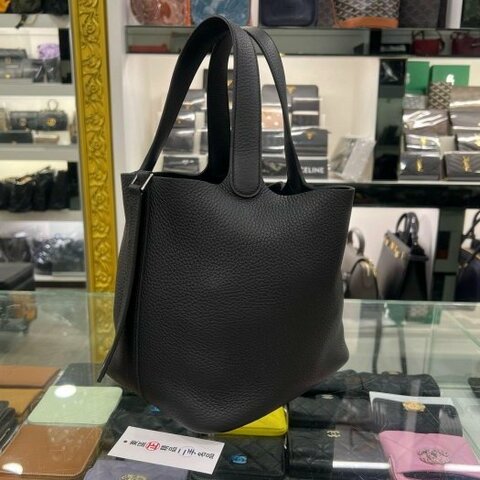 東區正精品㊣ HERMES PICOTIN 22 愛馬仕黑色銀釦水桶袋包鎖頭包手提包菜籃子 W刻 RZ6545