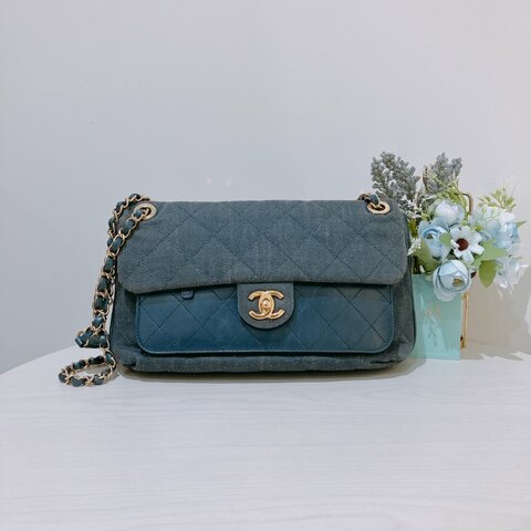 TK2111	香奈兒 牛仔布翻蓋包 Chanel Denim Classic Flap Bag 29cm with Gold Hardware