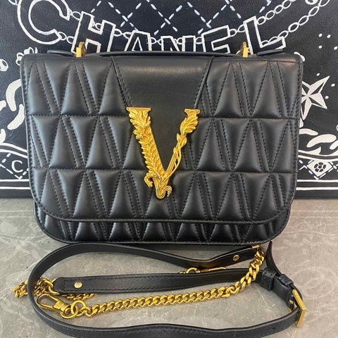 Versace/范思哲黑金全皮邮差手提单肩斜挎包