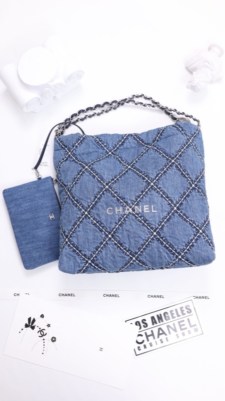Chanel 24P丹宁牛仔22bag单肩手提包菱格纹中号垃圾袋