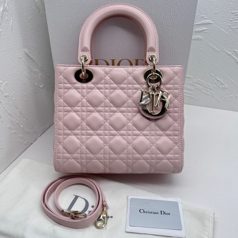 Dior迪奧Lady Dior中號櫻花粉色金扣五格戴妃包 尺寸約24*21*12cm