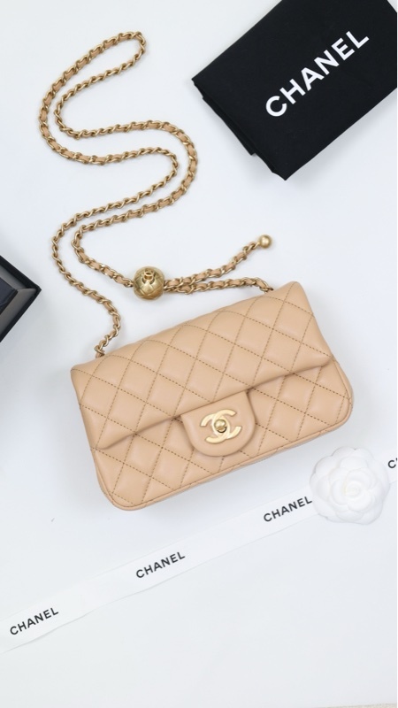 chanel23K小羊皮奶茶色金球cf单肩包