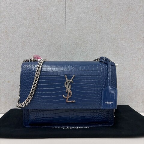 YSL 藍色鱷魚壓紋日落包