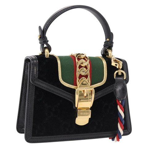 GUCCI GG帆布織帶雪莉線手袋 天鵝絨 兩用 黑色 金色 470270 正品 ep15093A