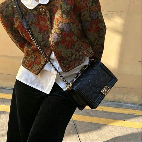 Chanel/香奈兒 Leboy中號15S黑色牛皮外縫線鴛鴦扣鏈條包肩背包
