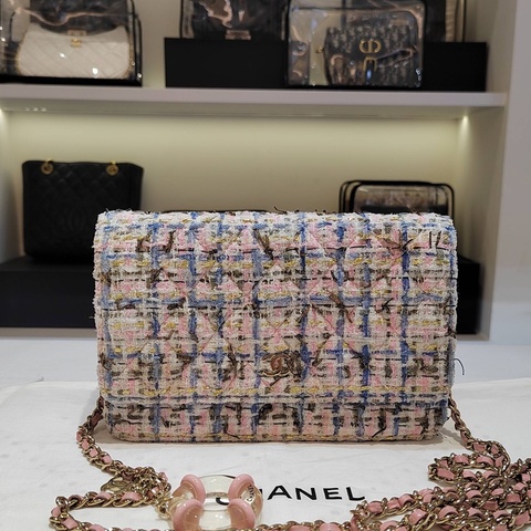 Chanel香奈兒限量款粉藍色毛呢woc包單肩包斜挎包鏈條包，尺寸：20x4x12