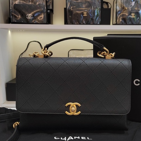CHANEL香奈兒 Chic Affinity黑金荔枝皮鏈條包手提單肩斜挎包