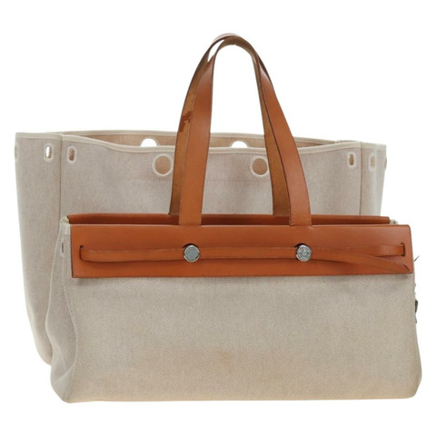 愛馬仕 Her Bag 手袋 帆布 米棕色 正品 186943V