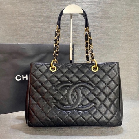 「JL精品代購」98新 Chanel香奈兒黑金荔枝牛皮GST
