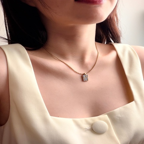 Christian Dior 復古藍色 Oblique 老花小金磚吊墜頸鍊 項鏈