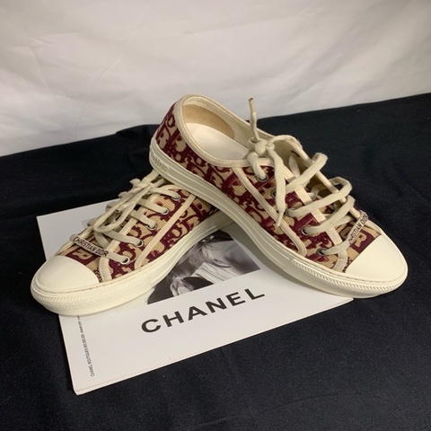 迪奧 Dior 酒紅刺繡滿印老花板鞋 女士 經典老花圖案36.5碼