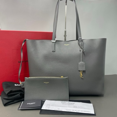 【威選精品｜Saint Laurent YSL 灰色橫款購物托特包】
