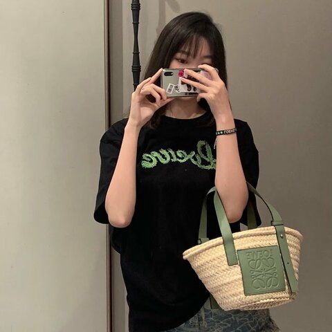 LOEWE 綠色拼皮草編 手提肩背菜籃子包 17*19*11 98新配件塵袋