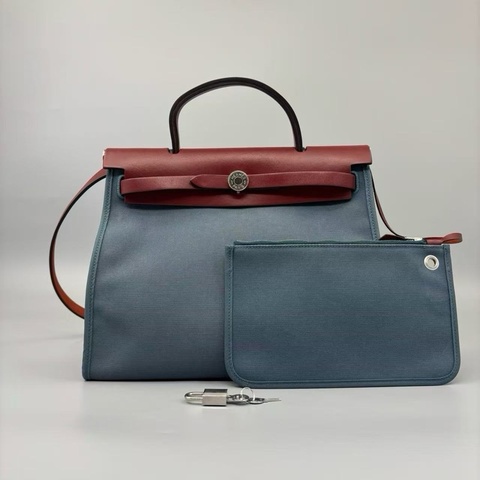 Hermes 愛馬仕 深咖啡色牛皮拼稀有牛仔藍帆布手提包肩背包 HerBag31 HerBag zip T刻 凱莉包Kelly 平替