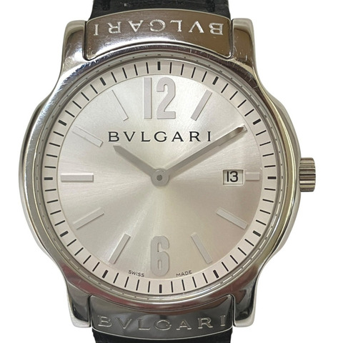 寶格麗 (Bulgari) Solo Tempo腕錶，總重38.1克，精鋼錶殼，真皮錶帶，石英機芯，銀色錶盤，型號ST35S