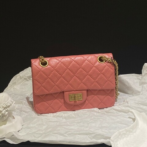 98新 Chanel香奈兒2.55 Mini蜜桃粉金扣牛皮單肩斜揹包