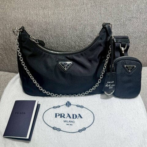 PRADA Re-Edition2005 Re-Nylon黑銀三合一尼龍手提肩背包晶片款