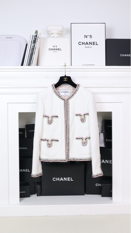 Chanel 20C车站系列秀款刘诗诗同款粉白滚边四口袋上衣外套FR36 24/7